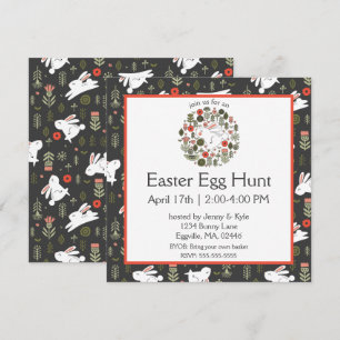 Invitación Bunnies blancos y flores de primavera Pascua