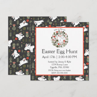 Invitación Bunnies blancos y flores de primavera Pascua