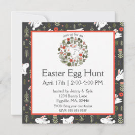 Invitación Bunnies blancos y flores de primavera Pascua