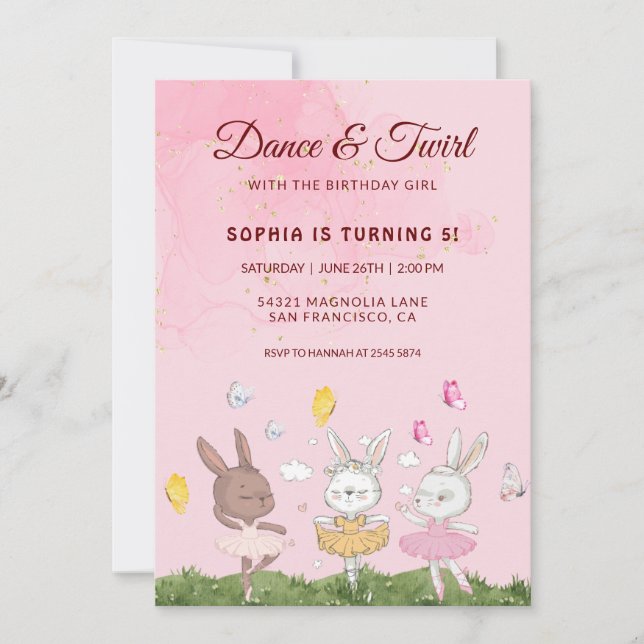 Invitación Bunnies Dance y Twirl Birthday (Anverso)
