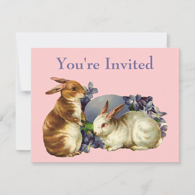 Invitación Bunnios de época con huevo morado (Anverso)