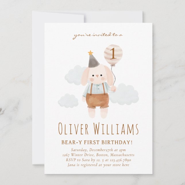 Invitación bunny 1st birthday blue balloon (Anverso)