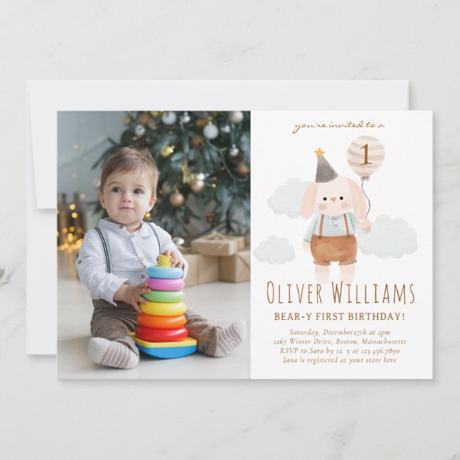 Invitación bunny 1st birthday blue balloon (Anverso)