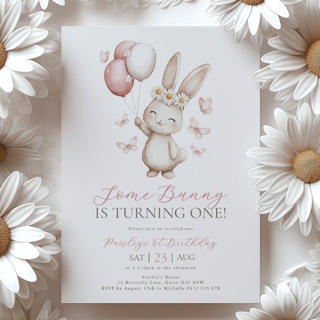 Invitación Bunny 1st Birthday Daisy Balloon Butterfly (Some Bunny is 1! 1st Birthday Invitation with bunny, daisies, butterflies and balloons)