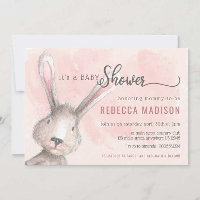 Invitación Bunny acuarela de Baby Shower (Anverso)
