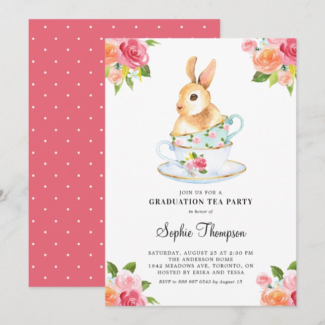 Invitación Bunny acuarela en la graduación floral de Teacups (Anverso / Reverso)