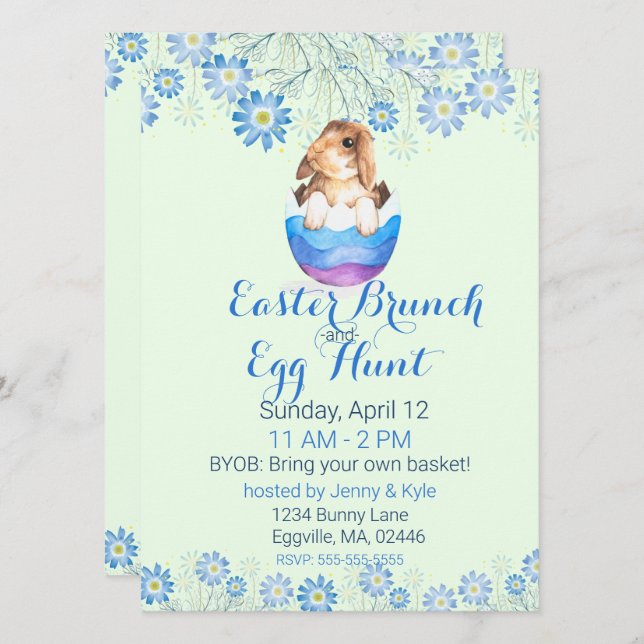 Invitación Bunny acuarela en Pascua de Huevo a rayas (Anverso / Reverso)