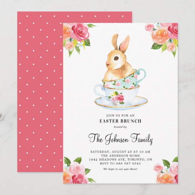 Invitación Bunny acuarela sobre brunch floral de Pascua en Te (Anverso / Reverso)