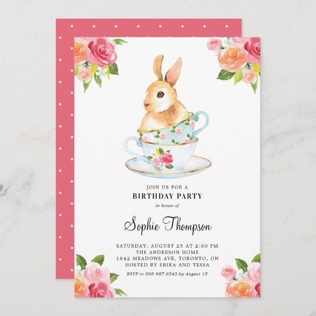 Invitación Bunny acuarela sobre té de cumpleaños en tacups Fi (Anverso / Reverso)