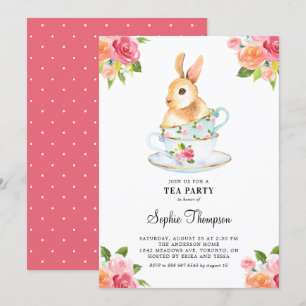Invitación Bunny acuarela sobre teacups Fiesta de té floral