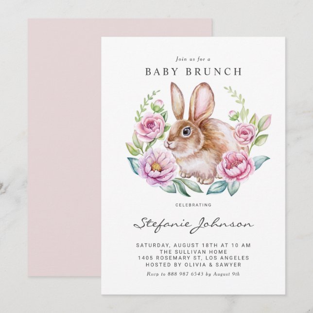 Invitación Bunny acuarela y flores rosadas Baby Brunch (Anverso / Reverso)