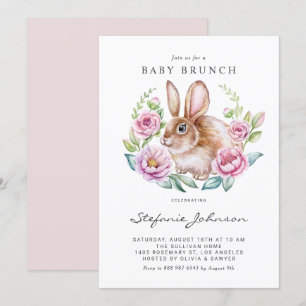 Invitación Bunny acuarela y flores rosadas Baby Brunch