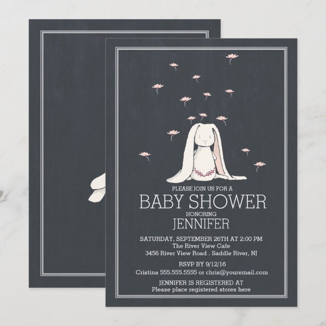 Invitación Bunny Baby Shower, Chica rosa de primavera cúrcuta (Anverso / Reverso)