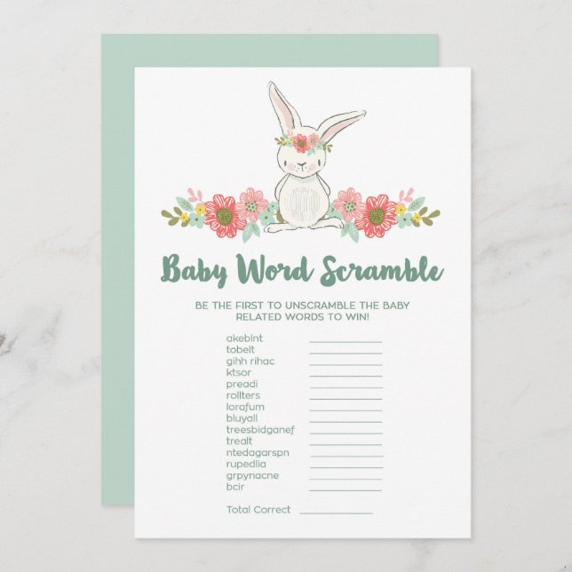 Invitación Bunny Baby Shower Word Scramble Game Card (Anverso / Reverso)