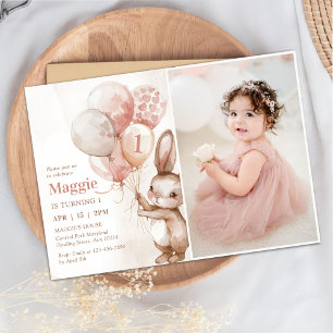 Invitación Bunny Balloon Easter Spring Primavera 1er cumpleañ