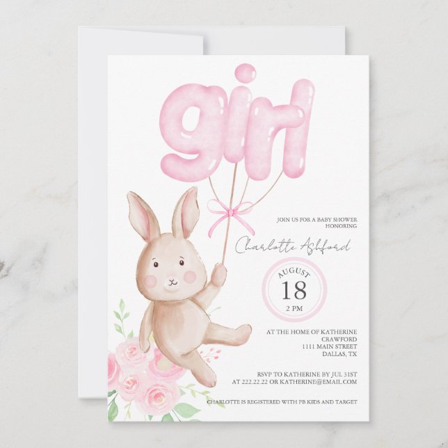 Invitación Bunny Balloons Watercolor Floral Chica Baby Shower (Anverso)