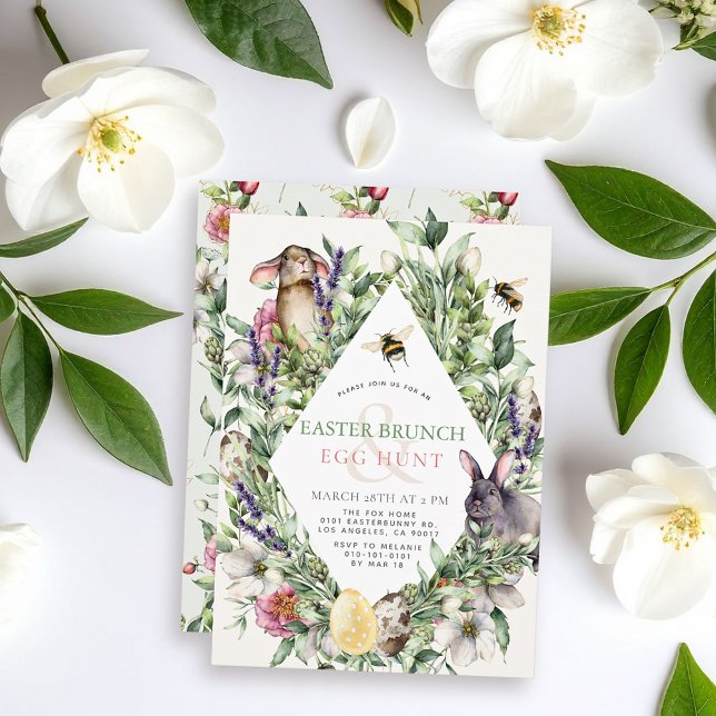 Invitación Bunny & Bee Greenery Rhombus Easter Brunch (Subido por el creador)
