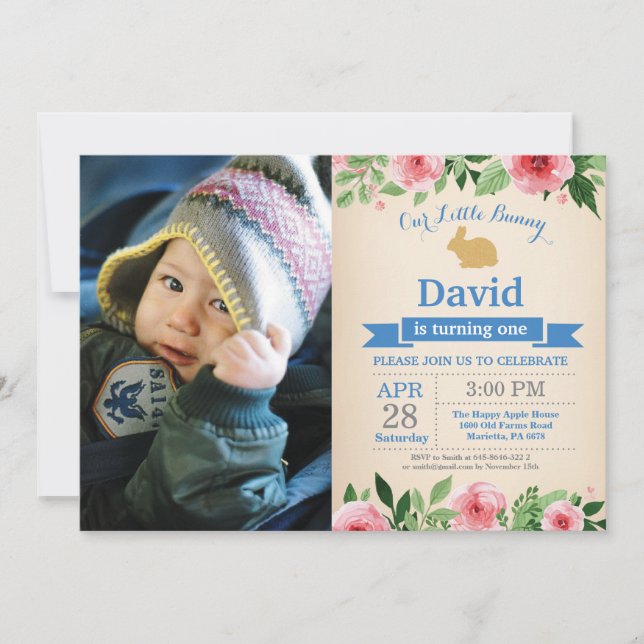 Invitación Bunny Birthday Boy Easter Egg 1er cumpleaños (Anverso)