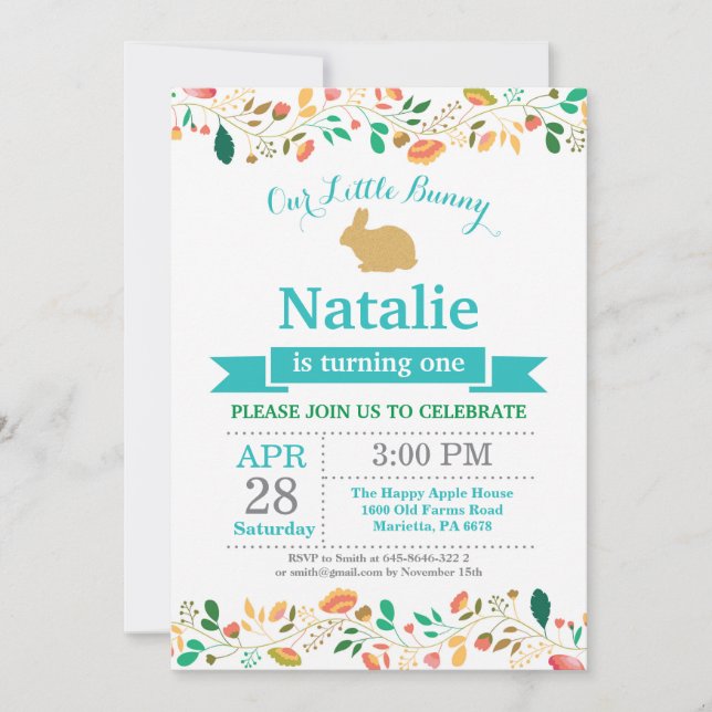 Invitación Bunny Birthday Chica Easter Egg 1er cumpleaños (Anverso)