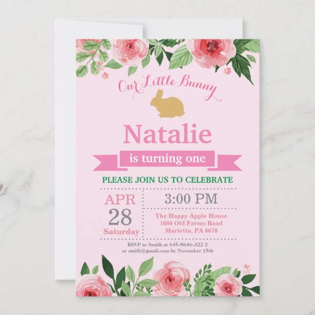 Invitación Bunny Birthday Chica Easter Egg 1er cumpleaños (Anverso)