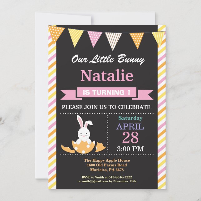 Invitación Bunny Birthday Chica Easter Egthday Birthday (Anverso)