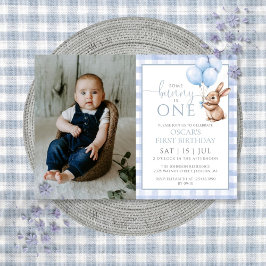 Invitación Bunny Blue Balloons Photo 1st Birthday Party
