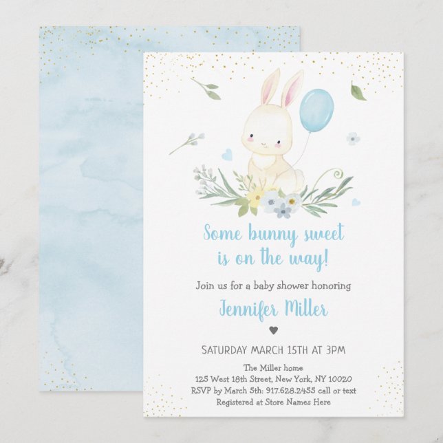 Invitación Bunny Blue Boy Greenery Baby Shower (Anverso / Reverso)