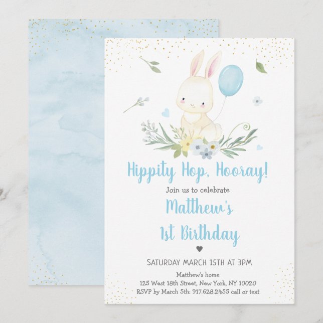 Invitación Bunny Blue Boy Greenery Cumpleaños (Anverso / Reverso)