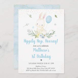 Invitación Bunny Blue Boy Greenery Cumpleaños