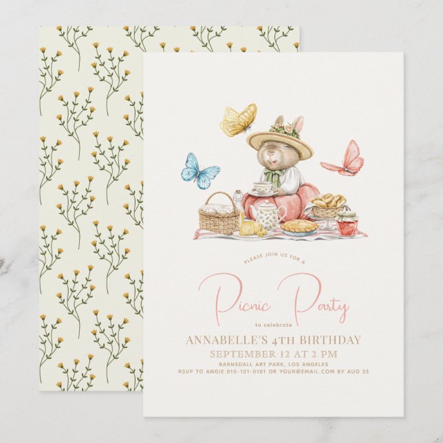 Invitación Bunny & Butterflies Chica Fiesta de té picnic Cump (Anverso / Reverso)