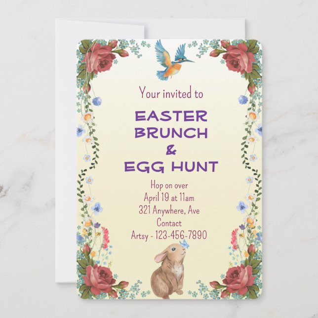 Invitación Bunny, Butterfly, Bird & Red Roses (Anverso)