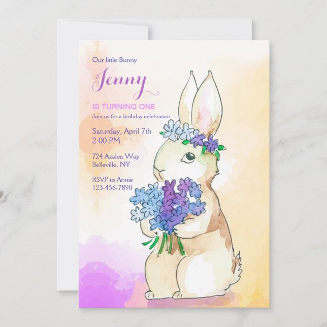 Invitación Bunny con fiesta de cumpleaños con flores (Anverso)