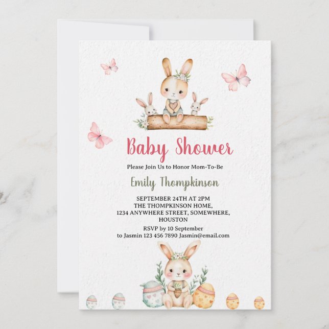 Invitación Bunny cutáneo con hojas verdes Baby Shower (Anverso)