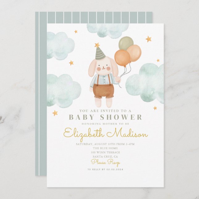 Invitación Bunny Cute Pink & Baloons Cloud Baby Shower (Anverso / Reverso)