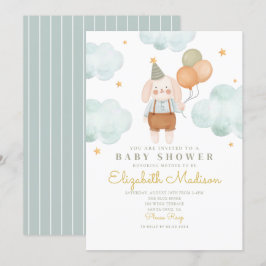 Invitación Bunny Cute Pink & Baloons Cloud Baby Shower