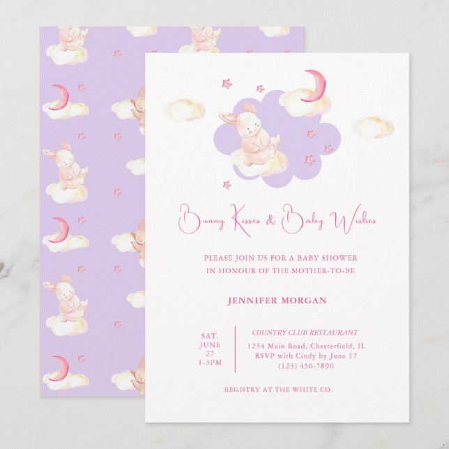 Invitación Bunny Dreams Purple Baby Shower (Anverso / Reverso)