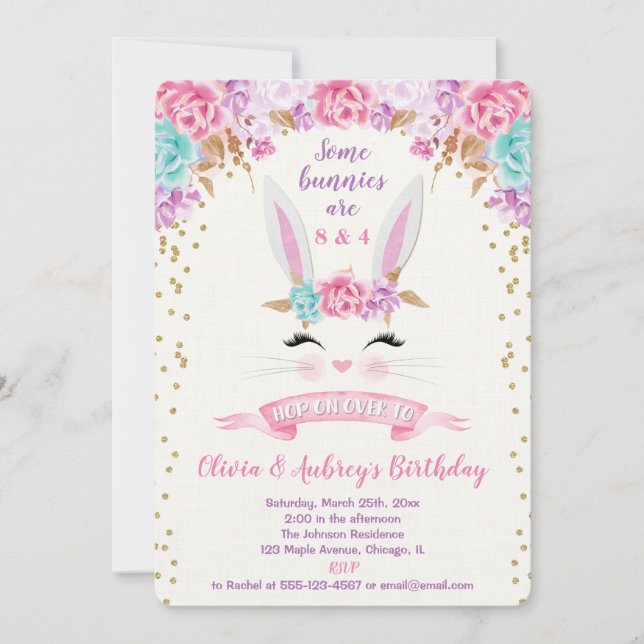 Invitación Bunny Easter bunnies fiesta de cumpleaños conjunta (Anverso)