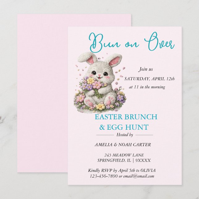 Invitación Bunny embroidered Easter BRUNCH & HUNT (Anverso / Reverso)