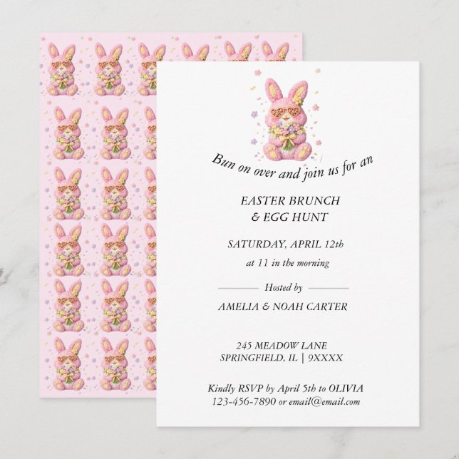 Invitación Bunny Embroidered Easter BRUNCH & HUNT (Anverso / Reverso)