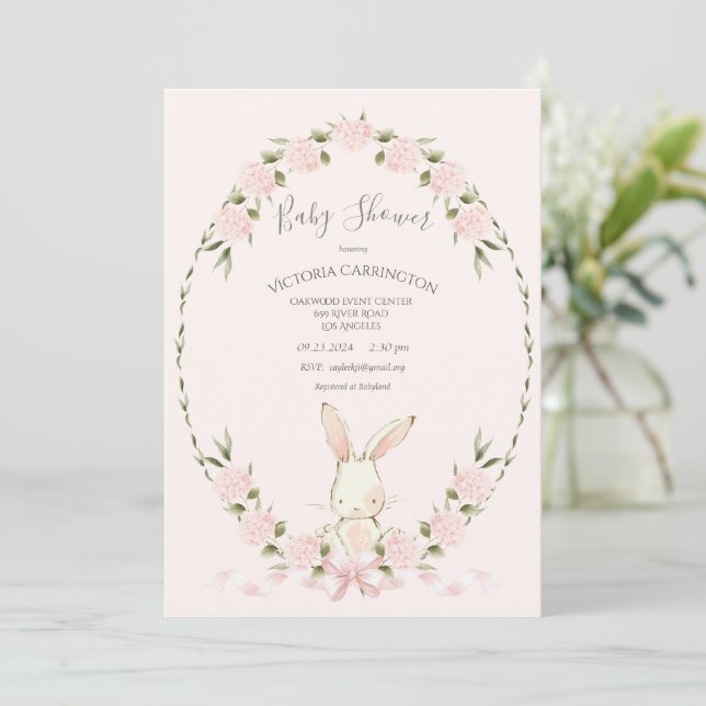 Invitación Bunny Floral Hydrangeas Pink Girl Baby Shower (Anverso de pie)