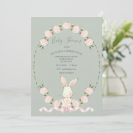 Invitación Bunny Floral Hydrangeas Sage Girl Baby Shower