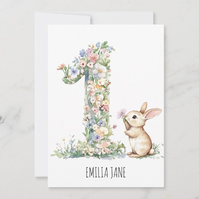 Invitación Bunny Floral Watercolor Primer Cumpleaños (Anverso)