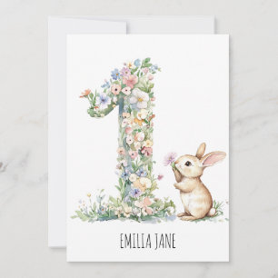Invitación Bunny Floral Watercolor Primer Cumpleaños