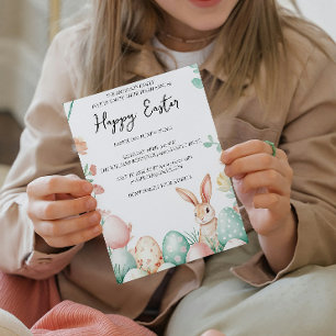 Invitación Bunny Floral y huevos blanca feliz Pascua