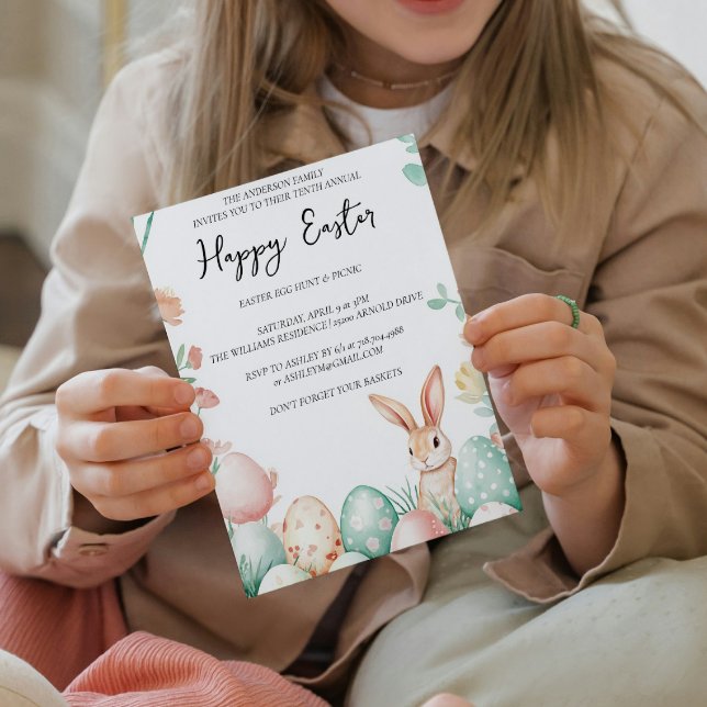 Invitación Bunny Floral y huevos blanca feliz Pascua (Subido por el creador)