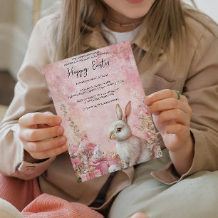 Invitación Bunny Floral y huevos rosa feliz Pascua