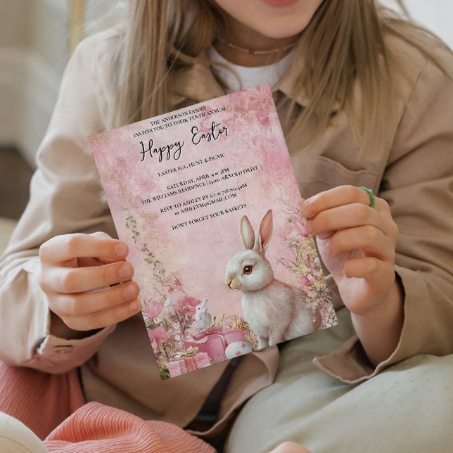 Invitación Bunny Floral y huevos rosa feliz Pascua (Subido por el creador)