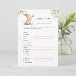 Invitación Bunny Girl Baby Shower Word Scramble Game Card