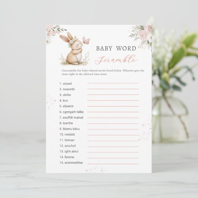 Invitación Bunny Girl Baby Shower  Word Scramble Game Card (Anverso de pie)