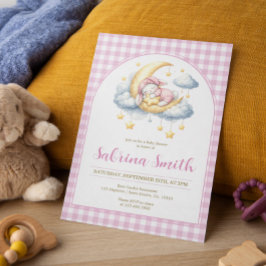 Invitación Bunny Girl Moon Star Pink Gingham Baby Shower 